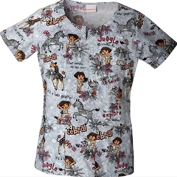Nickelodeon Dora the Explorer Zoo Animals Jungle Theme Scrub Top Grey - Picture 1 of 16